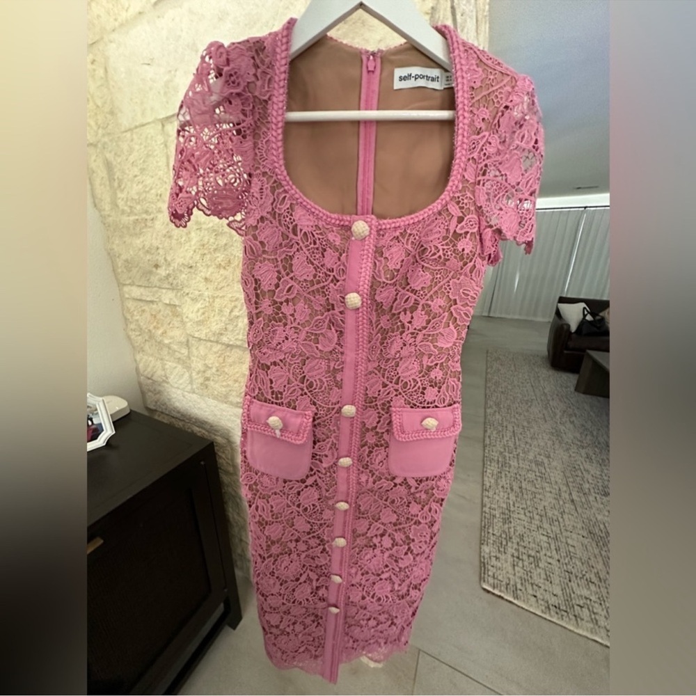 Self-Portrait Pink Guipure Lace Midi Dress US 4